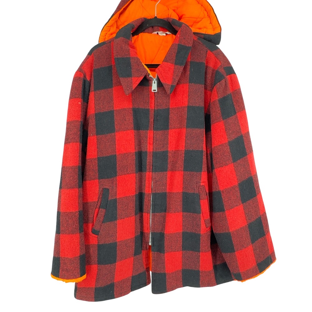 Wear-Guard Mens XXL Wool Red Black Buffalo Plaid Quilted Lined Hooded Zip Jacket